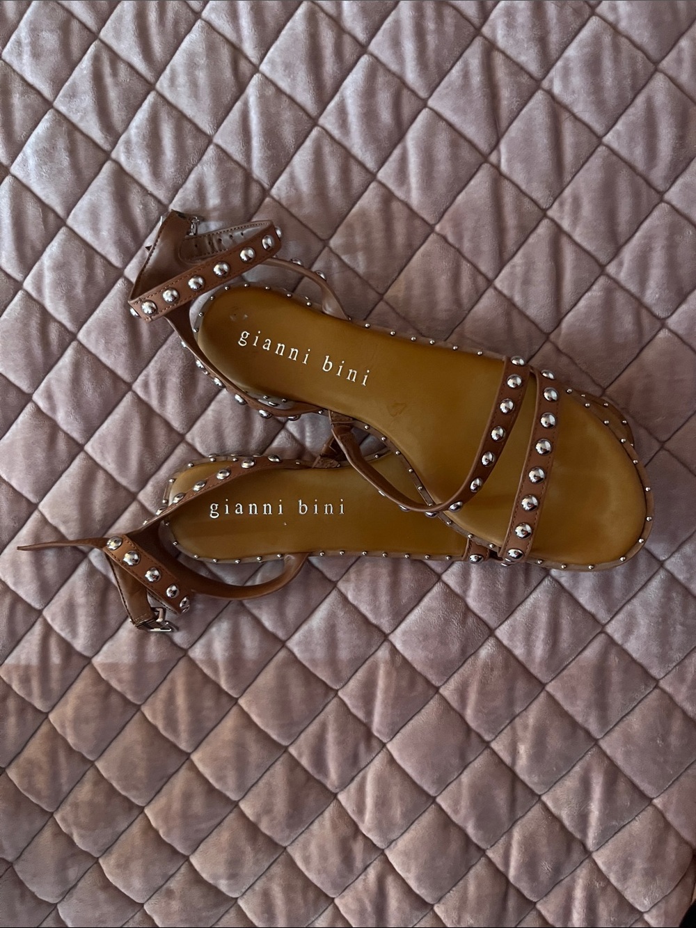 Gianni Bini Tan Leather Studded Ankle-Strap Sandals - Picture 3 of 3